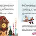 Zwei Seiten einer Geschichte. Links Kuckucksuhr mit Spatz, Kerzen, Blume. Rechts Häuser im Schnee, Engel und Mädchen.