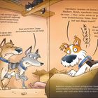 Eine Illustration mit drei Hunden und einer Katze. Sie sprechen über Leinenpflicht, Maulkörbe und Hunger. Ein Hund sieht erschrocken aus.