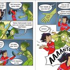 Ein grünes Alien bittet ein Mädchen um Hilfe gegen Echsen-Soldaten. Sie diskutieren über ein Spiel namens "STERNENFALL".