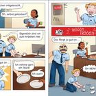 Ein junger Mann bringt Kuchen mit. Ein Alarm ertönt. "Oh, selbst gebacken?" jemand fragt. "Das fängt ja gut an..."