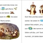 Text mit Bildern von Sonne, Ottern, Höhle, Wasser: Eine Ottermutter jagt, die Jungen sollen warten. Felix und Ella wollen spielen.