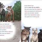 Zwei Wölfe auf der linken Seite; rechts eine Gruppe von fünf Wölfen, umgeben von Büschen.