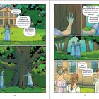 „Am Abend vor der Abreise.“ Eine Frau sagt: „Liebes, liebes Norland!“ Zwei Frauen umarmen einen Baum.