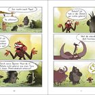 Sprechblasen: "Jim riecht nach Popo!", "Wie soll ich denn wissen, dass Stinktier da drin ist?", Tiere in Waldlandschaft.