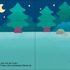 "Im Wald. Huuhuuu! Hörst du den Ruf der Eule? Welche anderen Tiere sind wach?" Nachtwald-Illustration mit Bäumen.