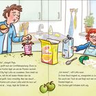 „Beeilung, Lotta!“, drängt Papa. Lotta verschüttet Cornflakes. Papa macht Schokomilch. Lotta ist gestresst, zwei Äpfel liegen da.