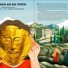 Gedenken an die Toten. Mykenische Kultur ca. 1550–1500 v. Chr., Mykene, Griechenland. Illustration einer goldenen Maske.