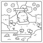Eine Illustration zeigt ein kawaii Tier auf einer Schaukel im Wald, umgeben von Bäumen und kleinen Vögeln.