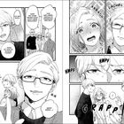Ein Manga mit drei Figuren im Gespräch. Emotionen wechseln zwischen ernst, überrascht und lächelnd. Geräusche: "HAAACH", "HMPF".
