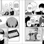 Texte: „Ich glaub…“, „Was soll denn dieses komische Lächeln?“, „... Stempelkarte… voll...“. Manga-Illustration mit mehreren Personen.