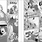 Eine Manga-Illustration zeigt dramatische Kampfszenen mit Samurai, Schreie und Bewegungsgeräusche wie "GUOO", "USHIO-SAMA!!!", und "DO MP".