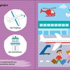 Am Flughafen: Startbahn, Flugzeug, Helikopter, Kontrollturm. Illustration von Flugzeugen, Helikopter, Passagieren.