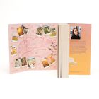 Links eine pinke Karte mit Fotos, rechts Text über Natalie Erlach mit einem Foto neben einem dicken Buchrücken.