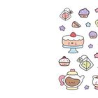 Illustration mit süßen Zeichnungen: Torte, Kannen, Tassen, Teebeutel, Sterne und Kuchenstücke mit freundlichen Gesichtern.