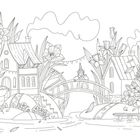 Illustration eines Märchendorfs mit Blumen, Häusern, Brücke und einer kleinen Figur in einem spitzen Hut.