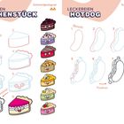 Zeigt köstliches Kuchenkunsthandwerk und Hotdog-Zeichenschritte. Text: "Leckereien Kuchenstück" und "Leckereien Hotdog".