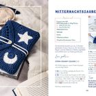 MITTERNACHTSZAUBER. Ein blau-weiß gehäkelter Umschlag mit Stern und Mond, plus Handarbeitsanleitung, Wolle und Häkelnadel.