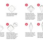 Anleitung zum Falten einer Origami-Lilie in neun Schritten, mit detaillierten Illustrationen und Hinweisen.