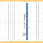 „Stundenplan 1. Halbjahr“ und „Stundenplan 2. Halbjahr“ sind rot. Wochentage in Blau. Links eine Weltkugel, rechts eine Sonnenblume.