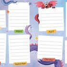 Geburtstagskalender, Monate Januar bis Dezember, farbige Felder, mit Illustrationen von Drachen und Sternen.