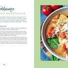 „Tortellinisuppe mit Hackfleisch“, Zubereitung und Zutatenliste links; rechts Schüssel mit Suppe, Tortellini, Hackfleisch, Spinat.