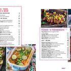 Texte: "TORTILLAS, TACOS, TOSTADAS & MEHR", "FLEISCH- & FISCHGERICHTE". Bilder von mexikanischen Gerichten und Blumenmuster.