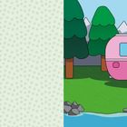 Eine grüne "3" auf gepunktetem Hintergrund, daneben Illustration: Rosa Wohnwagen im Wald bei Bergen und See.