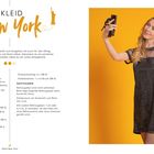 "KLEID New York" und "JFK" sind prominent. Eine Frau in schwarzem Kleid posiert fröhlich. Links Text und Infos zum Kleid.