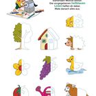 Text: "Pumuckl spitzt schon seine Buntstifte..."  
Illustration: Pumuckl bei einem Anspitzer, unvollständige Zeichnungen: Baum, Haus, Käse, Igel, Blume, Trauben, Ente, Tomate, Gießkanne, Lamm.