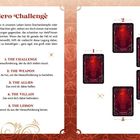 "Hero Challenge" beschreibt eine Karte auslegen mit Herausforderungen: 1. The Challenge, 2. The Weapon, 3. The Allies, 4. The Villain, 5. The Lesson. Enthält rote Muster.