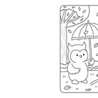 Illustration: Eine Eule mit Regenschirm steht neben einer Katze auf einem Karren mit Kürbis, umgeben von fallenden Blättern.