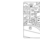 Illustration eines Kindes mit Kopfhörern im Bett, von Kuscheltieren und Regalen umgeben, mit Totenkopfmotiven.