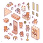 Illustration mit Tieren, Möbeln und Gebäcktheke. Niedliches Café-Thema mit Bären, Pflanzen und Einrichtung.