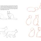 Titel: "KATZE". Anleitungen und Skizzen zum Zeichnen von Katzen in verschiedenen Positionen. Links: schwarz, rechts: orange.