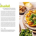 Bunter Feldsalat mit gebackenem Kürbis und Walnuss-Dressing. Enthält Zutatenliste, Zubereitung und Foto eines angerichteten Salats.