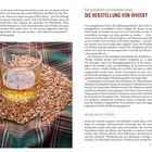 "Die Herstellung von Whisky" ist in großen, roten Buchstaben oben rechts geschrieben. Darunter folgt ein langer, erklärender Text. Links unten ist ein Glas Whisky, auf einem Bett aus Gerstenkörnern liegend, zu sehen. 