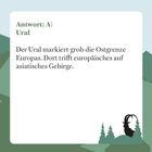 Text: "Antwort: A) Ural. Der Ural markiert grob die Ostgrenze Europas. Dort trifft europäisches auf asiatisches Gebirge." Unten rechts ist die Silhouette eines Steinbocks vor Bäumen und Bergen.