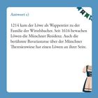 Antwort c) 1214 kam der Löwe als Wappentier zu den Wittelsbachern. Illustration mit bayerischen Symbolen am Rand.
