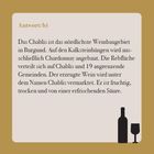 „Antwort: b) Das Chablis ist das nördlichste Weinbaugebiet in Burgund.“ Unten rechts Silhouettene von Flasche und Glas.