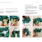 Anleitung zum Häkeln von Brokkoli, inklusive Bildern von grünen und weißen Garnteilen, die schrittweise verarbeitet werden.