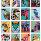 Sechzehn farbenfrohe Illustrationen von Tieren in polygonalem Stil, darunter Leopard, Eule, Fuchs, Schmetterling, Giraffe und Katze.