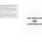 Text: "DIE SPRACHE DES UNIVERSUMS". Links Graufläche mit Text über Atmung und Bewusstsein. Rechte Seite mit Strahlenmuster.