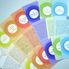 Verschiedene Karten mit Texten wie "Was versteht man unter Aura?" und "Die indigo­far­bene Aura pflegen." Farben von Orange bis Blau.