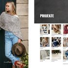 "PROJEKTE" in weißer Schrift auf dunklem Hintergrund. Links Frau mit grauem Poncho, Jeans und Hut in der Hand. Rechts kleine Bilder von Strickprojekten.