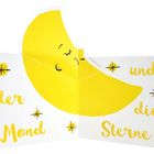 „der Mond und die Sterne“. Eine Illustration mit gelbem Mond und funkelnden Sternen auf weißem Hintergrund.