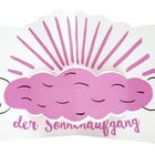 "der Sonnenaufgang" in lila Schrift. Illustration einer lila Wolke mit Sonnenstrahlen auf weißem Hintergrund.