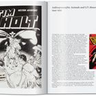 Links oben: “Tim Holt”. Ein Cowboy reitet auf einem Pferd, umgeben von anderen Figuren. Rechts: “Anthropomorphic Animals and Li’l Abner 1944-1959”. Unten: "Ghost Rider".