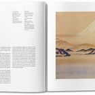 Links oben: "Views of Mount Fuji", rechts Illustration eines Berges mit Nebel und Bergen im Hintergrund.