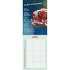 "April" steht in roter Schrift. Darunter ist ein Kalender. Oben sind Hände, die ein Geschenk mit rotem Band halten.