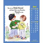 April-Kalenderblatt mit Spruch: "Das ist ein Stück Himmel auf dieser Erde, eines Menschen Freund zu sein." Illustration von zwei lachenden Kindern in freundschaftlicher Pose, umgeben von Blumen.